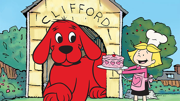Cute animated character, a giant red dog, sits happily outside a house with a girl holding a cake.