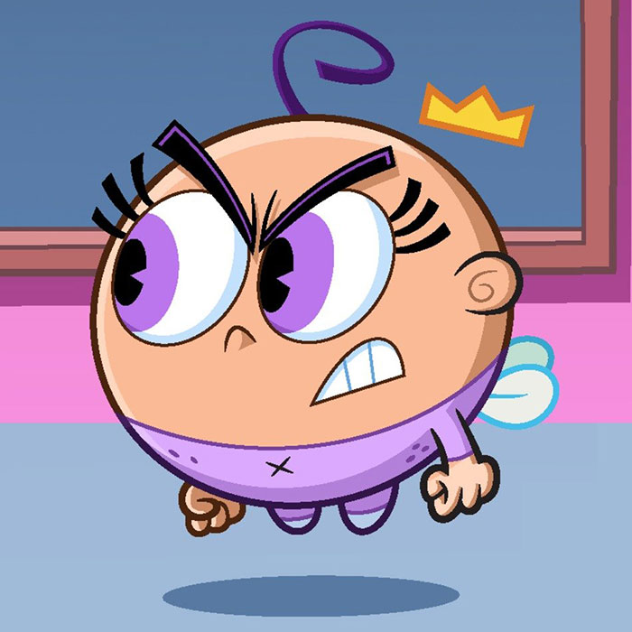Cute animated character with a crown and purple eyes, looking determined.