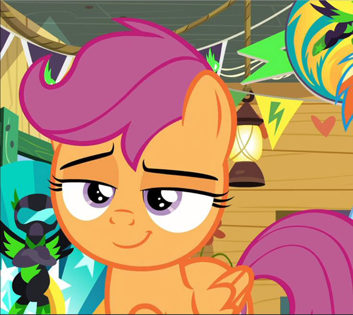 Cute animated character with purple mane and tail, smiling in a colorful setting with banners and a lantern.