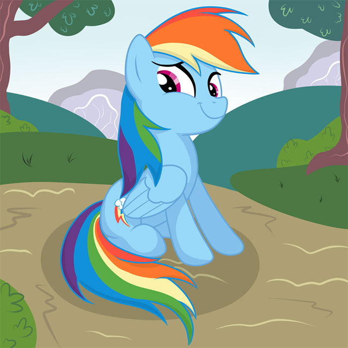 Cute animated character, a blue pony with a rainbow mane, sitting in a cheerful outdoor setting.