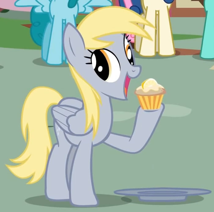 Cute animated character pony with a muffin in a cheerful pose.