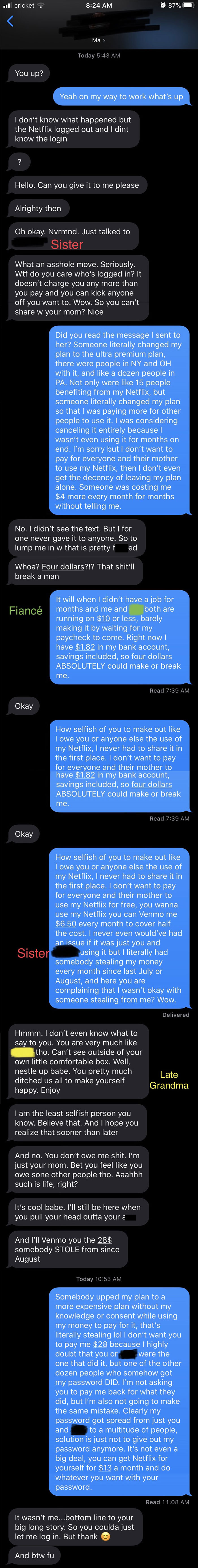 Shared My Netflix Years Ago With My Mom And Sister, Then Had An Issue Last Night So I Checked The Recent Devices. Found Out There Were Tons Of People With My Password, Plus Someone Upped My Plan. Reset My Password And Told My Sister I Wasn't Going To Share My Password Anymore. Chaos