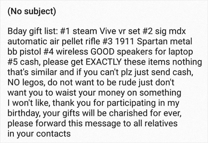 My Friend's 13-Year-Old Brother Sent His Wishlist To His Entire Extended Family, And Yeah, They Mocked Him Pretty Good Afterward