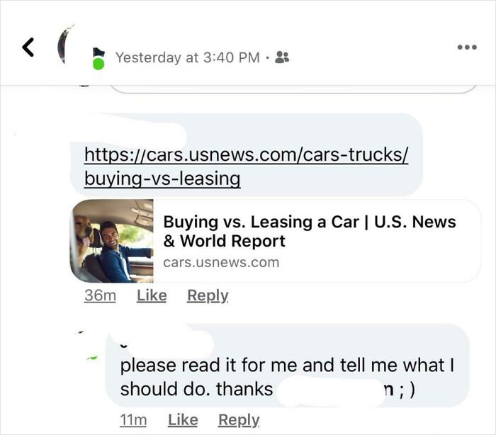 Aunt Asked For Advice On Whether To Buy Or Lease A Car. Someone Was Kind Enough To Post A Link To A Helpful Article. This Was Her Response