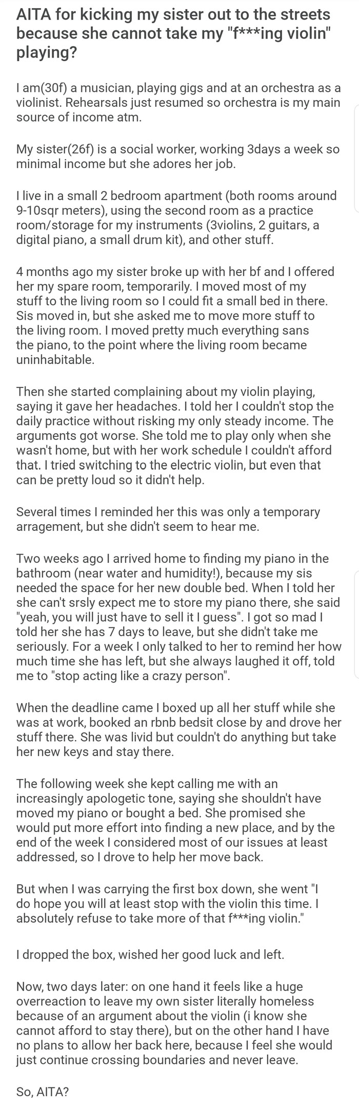 Sister Wants To Squat In Op's Spare Room But Demands That She Stop Practicing Violin That She Plays For Her Job