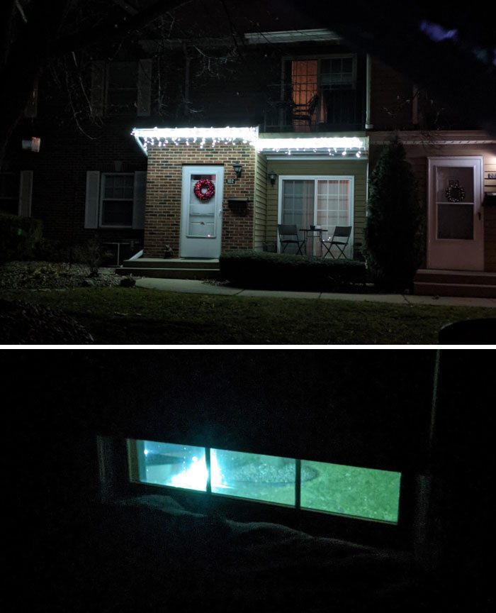 Got Home To Find My Downstairs Neighbor Put Up Some Great Festive Lights Today. I Was On Board Until I Saw What They Looked Like Through My Bedroom Window