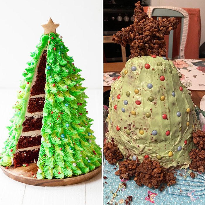My Sister Attempted To Make A Red Velvet Christmas Tree Cake