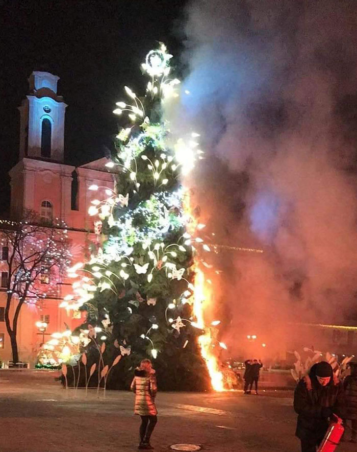 Christmas Tree On Fire In Kaunas, Lithuania