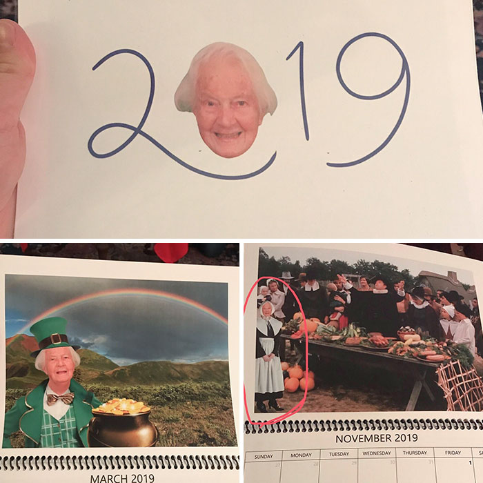 For Christmas This Year, My 97-Year-Old Grammy Gave Us A Calendar With Photoshopped Pictures Of Herself For Each Month