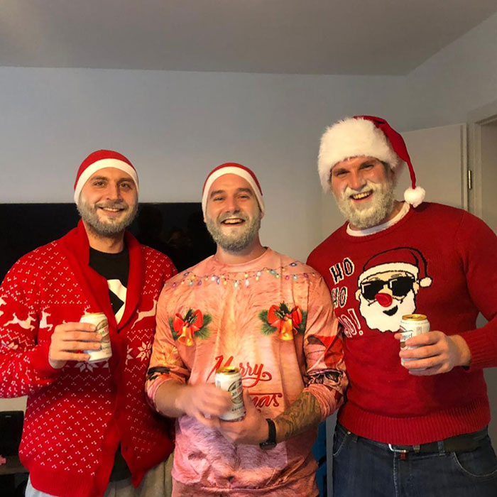 Our Annual Christmas Tradition. Looking As Ugly As We Can. I'm The Guy In The Middle. Have A Nice Holiday Fellas