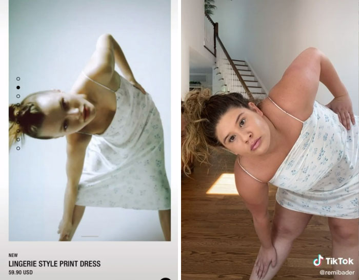 Woman recreates Zara model pose in floral dress, highlighting ridiculous fashion poses. Woman recreates Zara model pose in floral dress, highlighting ridiculous fashion poses.