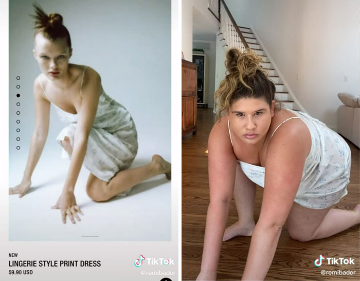 Woman recreates Zara model poses in a similar dress to highlight odd and humorous fashion presentation. Woman recreates Zara model poses in a similar dress to highlight odd and humorous fashion presentation.