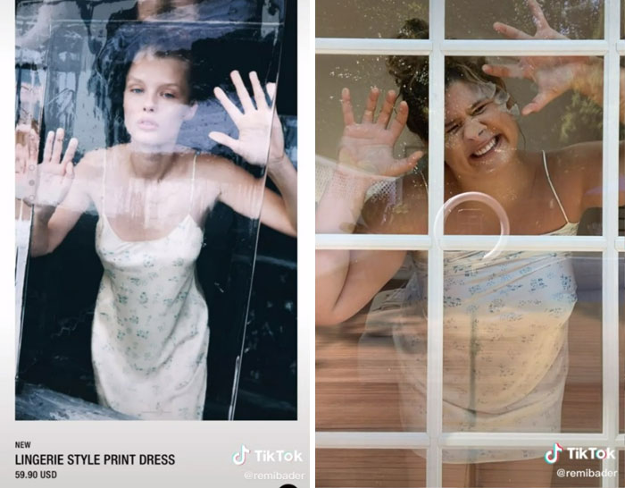 Woman recreates poses of Zara models, humorously mimicking their style behind glass. Woman recreates poses of Zara models, humorously mimicking their style behind glass.