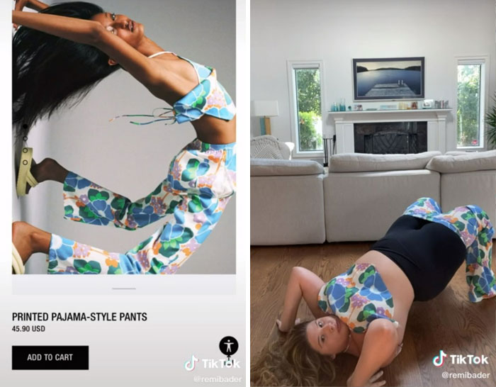 Woman humorously recreates Zara model poses in patterned outfit at home. Woman humorously recreates Zara model poses in patterned outfit at home.