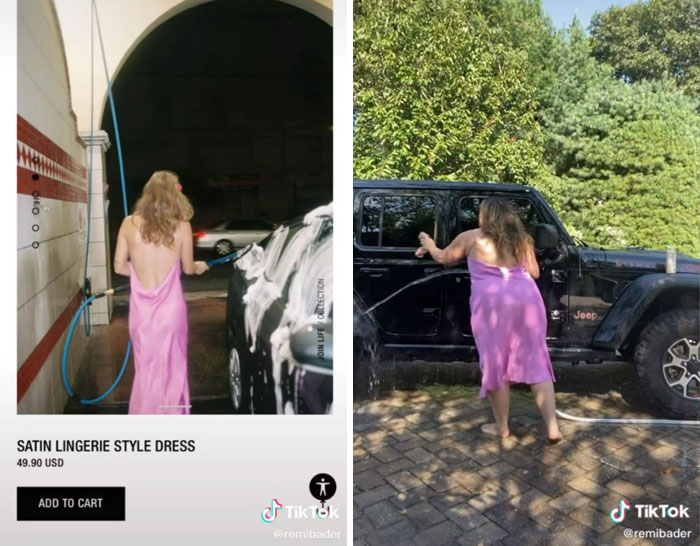 Woman in pink dress mimics Zara model poses, washing a car. Woman in pink dress mimics Zara model poses, washing a car.