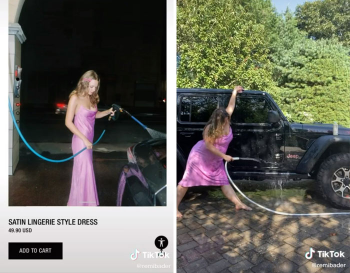 Woman recreates Zara model poses in satin dress, humorously mimicking model stance next to a car. Woman recreates Zara model poses in satin dress, humorously mimicking model stance next to a car.