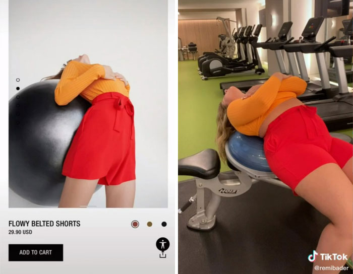 Woman recreates Zara model poses in orange top and red shorts, showing their unusual style at the gym. Woman recreates Zara model poses in orange top and red shorts, showing their unusual style at the gym.