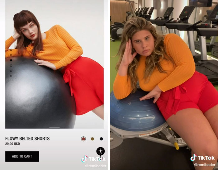 Woman humorously mimicking Zara model poses on exercise ball, wearing orange top and red shorts. Woman humorously mimicking Zara model poses on exercise ball, wearing orange top and red shorts.
