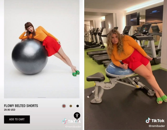 Woman recreating Zara model poses in orange sweater and red shorts for humor. Woman recreating Zara model poses in orange sweater and red shorts for humor.