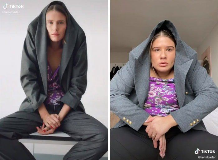 Woman recreates Zara model poses, wearing similar gray jacket and purple floral top, showcasing the humorous mimicry. Woman recreates Zara model poses, wearing similar gray jacket and purple floral top, showcasing the humorous mimicry.