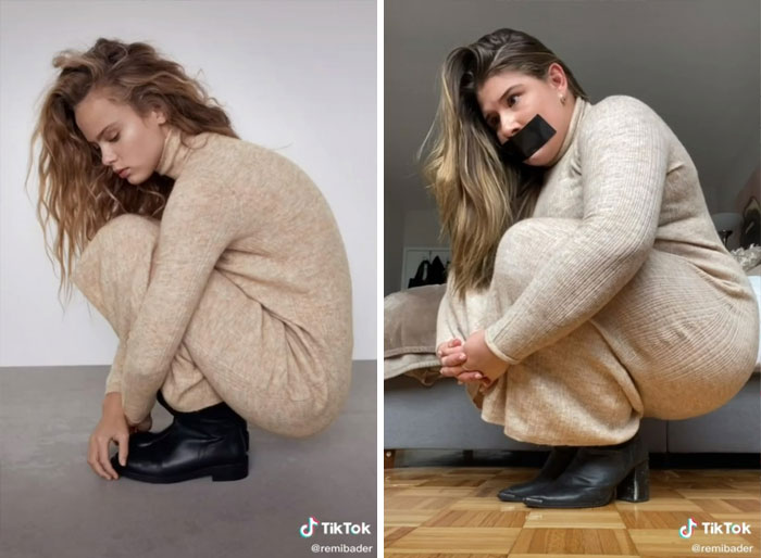 Woman recreates Zara model poses, highlighting their absurdity, in a side-by-side comparison with a taped mouth. Woman recreates Zara model poses, highlighting their absurdity, in a side-by-side comparison with a taped mouth.