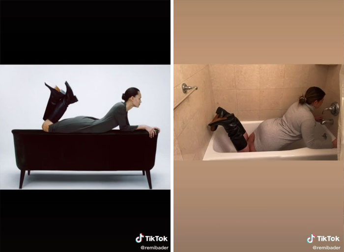 Woman recreating silly Zara model poses in a bathtub and on a couch. Woman recreating silly Zara model poses in a bathtub and on a couch.