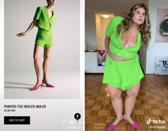 Woman recreates Zara model poses in a bright green outfit and pink shoes. Woman recreates Zara model poses in a bright green outfit and pink shoes.