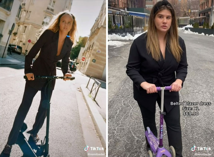 Woman humorously mimics Zara model poses on scooters, highlighting their absurdity in a belted blazer dress. Woman humorously mimics Zara model poses on scooters, highlighting their absurdity in a belted blazer dress.