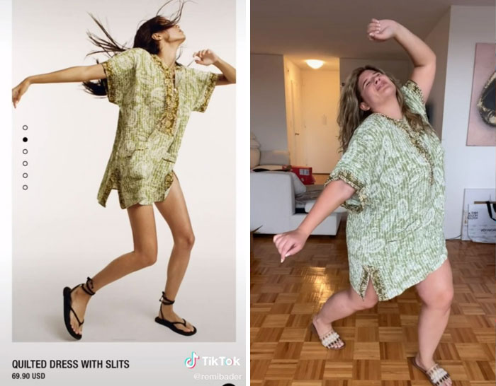 Woman recreating Zara model poses in a similar green dress indoors. Woman recreating Zara model poses in a similar green dress indoors.