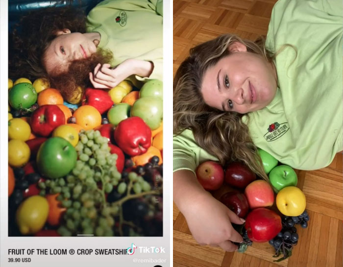 Woman recreates Zara model poses surrounded by fruits, highlighting their absurdity. Woman recreates Zara model poses surrounded by fruits, highlighting their absurdity.