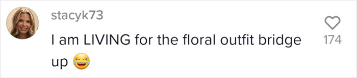 Comment praising a floral outfit pose recreation with laughing emoji and 174 likes. Comment praising a floral outfit pose recreation with laughing emoji and 174 likes.