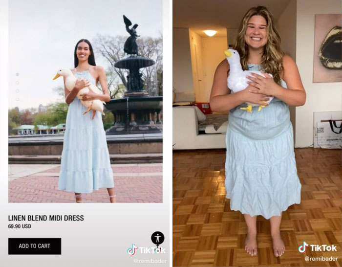 Woman recreates Zara model's pose holding a duck, highlighting the ridiculousness in model styling. Woman recreates Zara model's pose holding a duck, highlighting the ridiculousness in model styling.