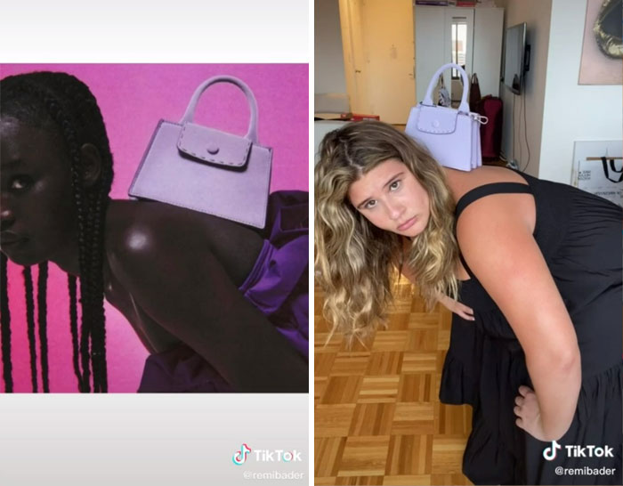 Woman humorously mimicking Zara model poses with a handbag on her back, highlighting the absurdity of fashion shoots. Woman humorously mimicking Zara model poses with a handbag on her back, highlighting the absurdity of fashion shoots.