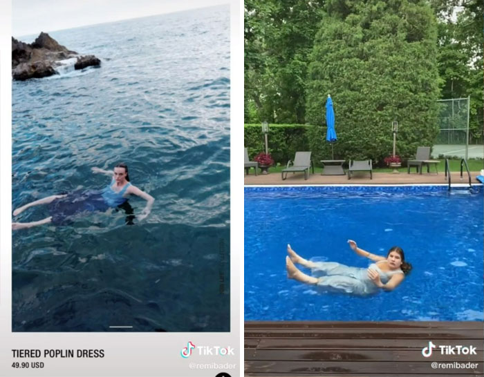 Woman imitating Zara model poses floating in water, showcasing humorous fashion recreation. Woman imitating Zara model poses floating in water, showcasing humorous fashion recreation.