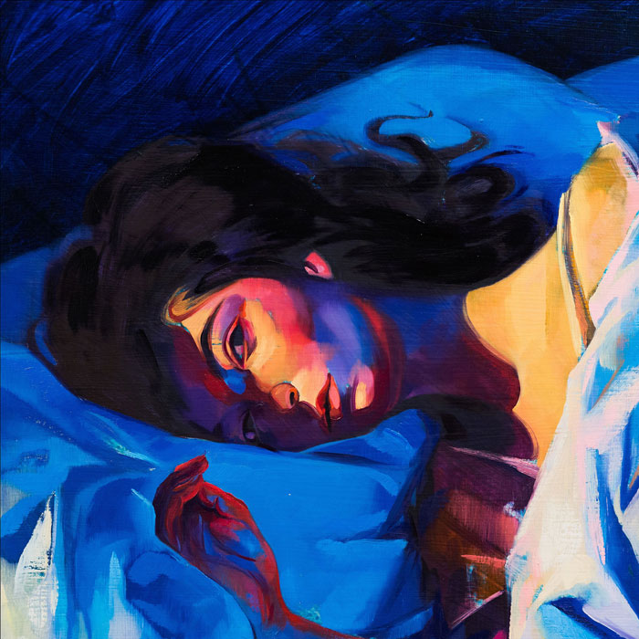 Colorful and artistic album cover featuring a woman lying on a blue bed.