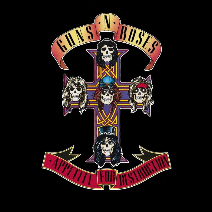 Iconic album cover with skulls and cross symbol for "Appetite for Destruction" by Guns N' Roses.
