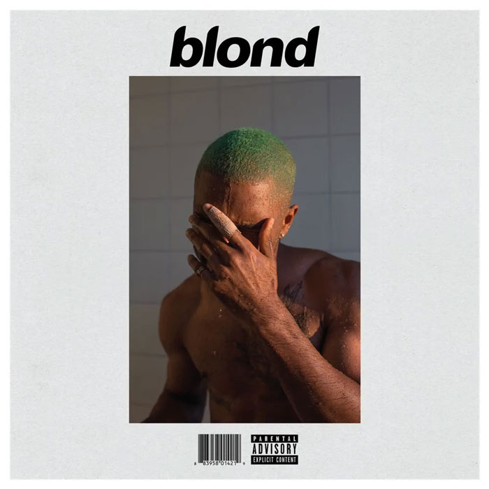 Iconic album cover with "Blond" title, showing a person in a contemplative pose.