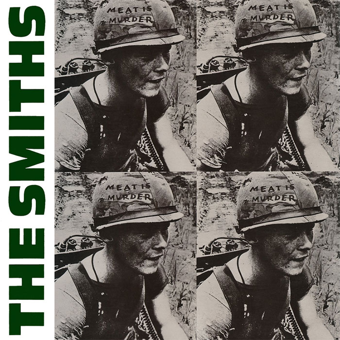 The Smiths album cover, "Meat Is M****r," featuring a soldier in black and white with repeated images.