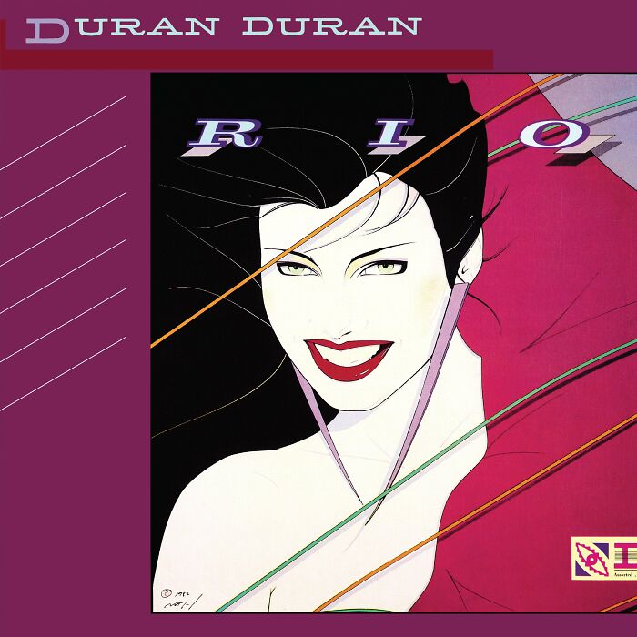 Illustration of a woman on iconic album cover by Duran Duran, featuring bold colors and geometric lines.