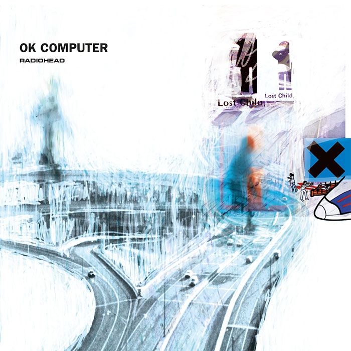Abstract design featuring highways and figures on a classic album cover by Radiohead.