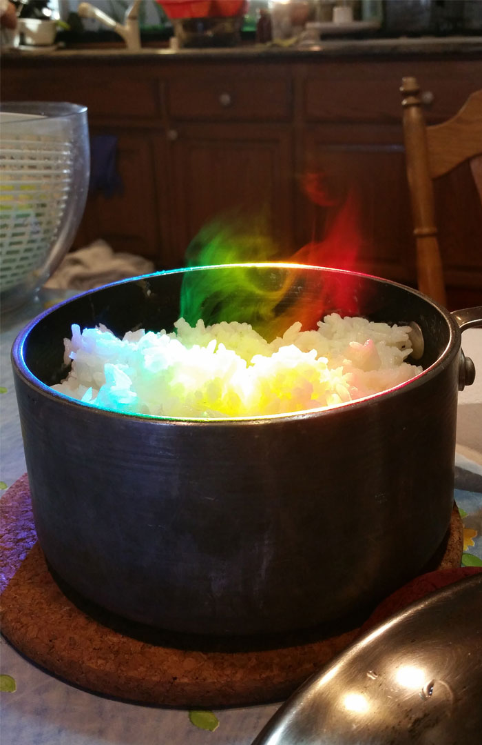 My Aquarium Created A Prism And Sunlight Hit This Steaming Pot Of Rice