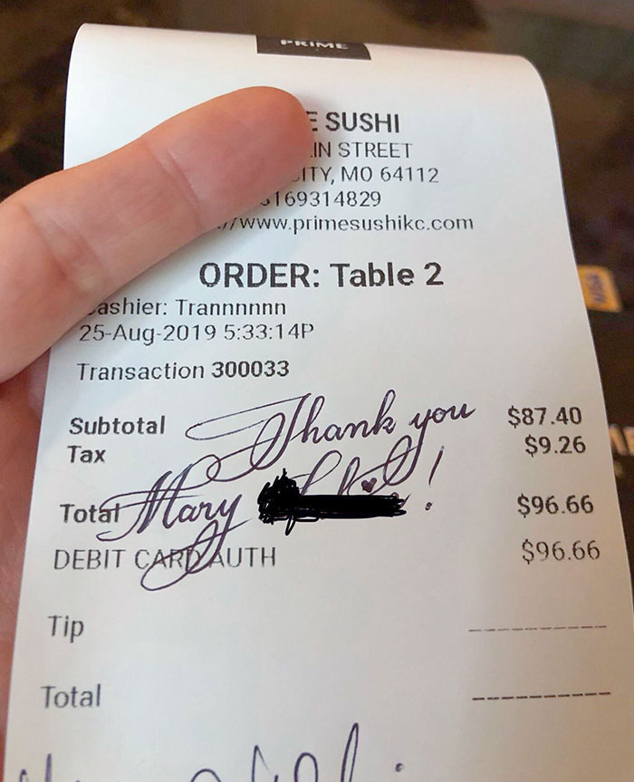 Beautiful Handwriting By Our Waitress After Dining At A Local Sushi Restaurant Tonight