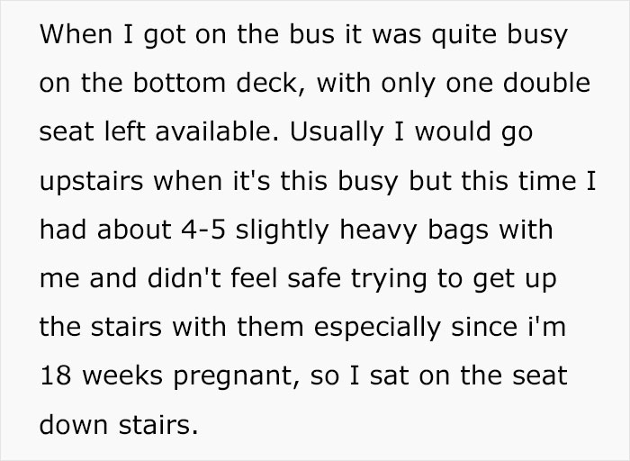 Pregnant woman refuses to give up her seat on 2-hour bus drive to an elderly woman, asks if she acted like an entitled brat