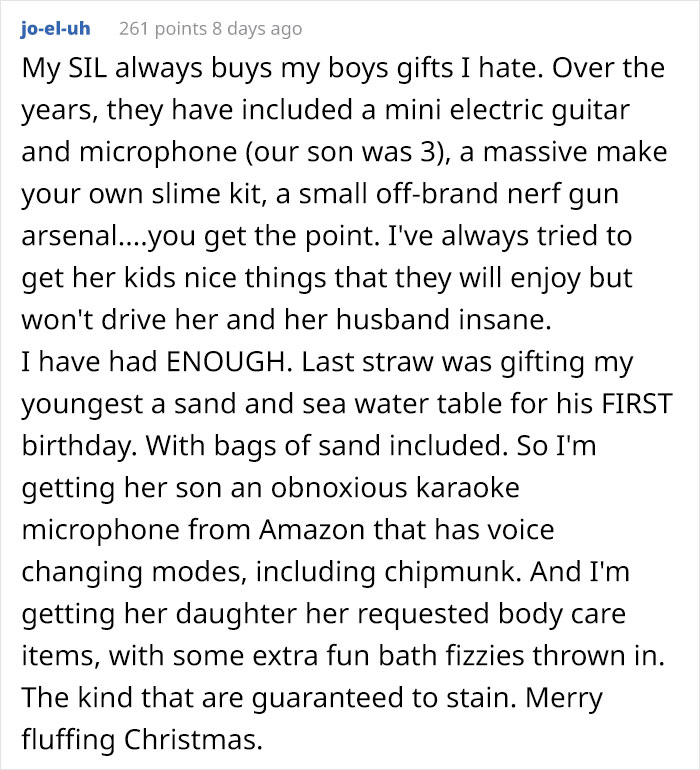 Man avenges his entitled brothers and sisters by getting their children the messiest Christmas presents