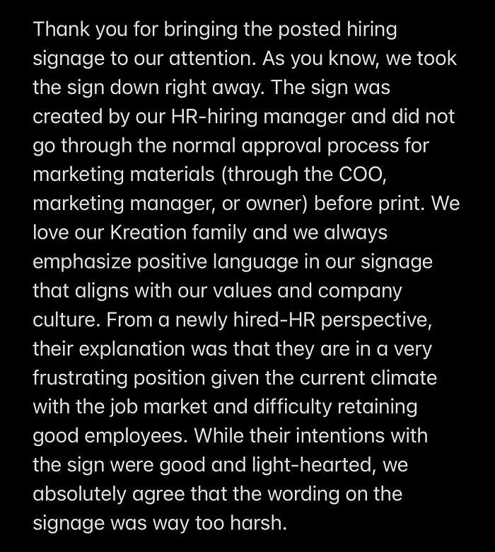 This Company Has Been Redeemed For Posting An Insensitive Sign About Hiring An Employee "does not cry"