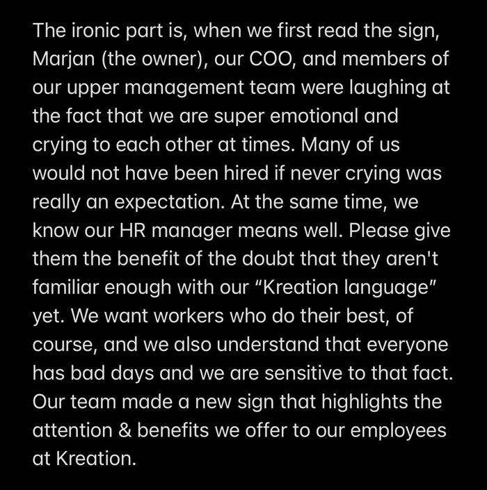 This Company Has Been Redeemed For Posting An Insensitive Sign About Hiring An Employee "does not cry"