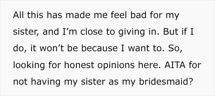 Mom Is Expecting Her Younger Daughter To Make Her Mentally Ill Daughter Her Bridesmaid, But The Bride-To-Be Can’t See That Happening Mom Is Expecting Her Younger Daughter To Make Her Mentally Ill Daughter Her Bridesmaid, But The Bride-To-Be Can’t See That Happening