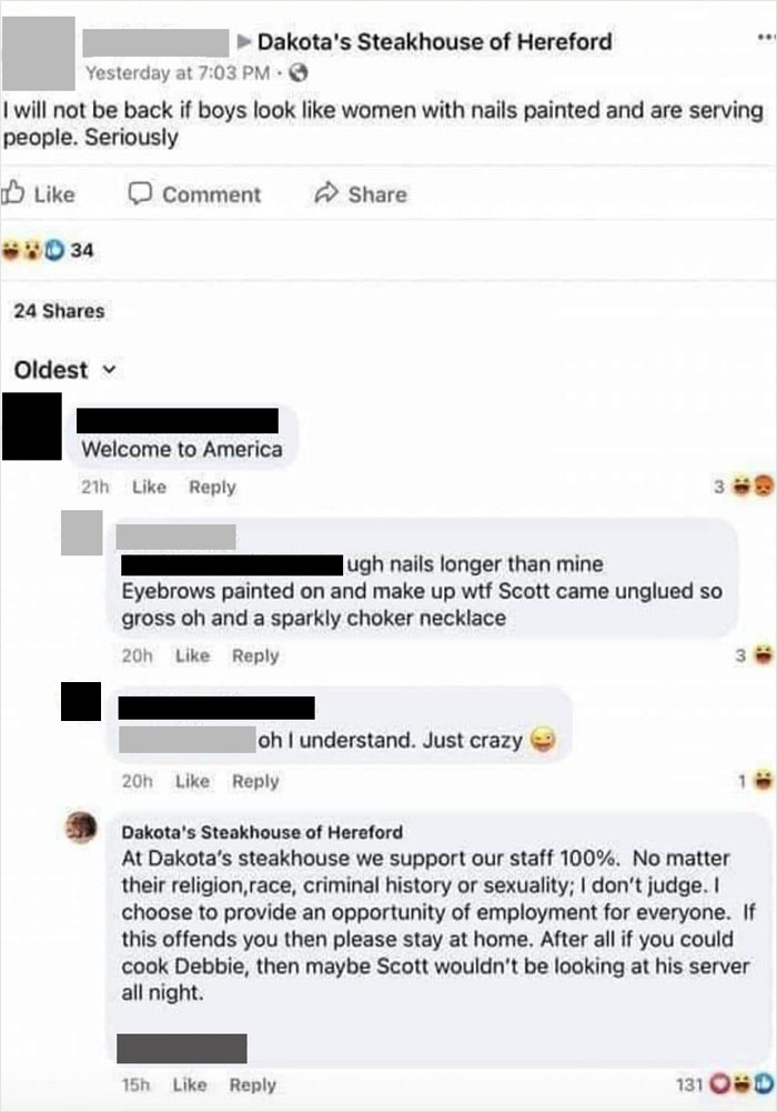 Restaurant Owner Shut Down Homophobic Karen With A Sharp Reply As She Insulted Their Waiter Who Belonged To The LGBTQ+ Community