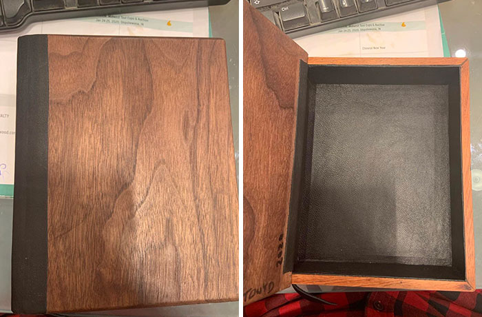 A Co-Worker Makes These Boxes For Charity On His Lunch Break, And He Needed Leather So I Asked If He’d Like My Departed Dad’s Jacket, And He Came Up With This For Me Today