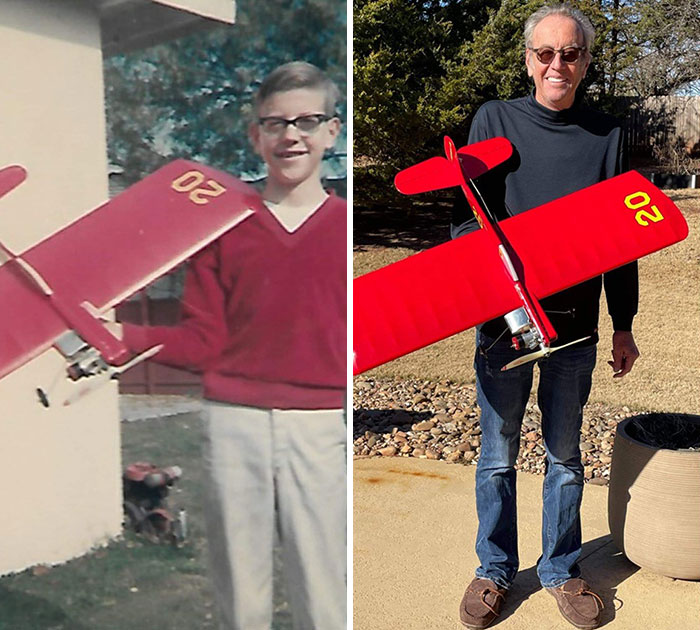 Me As A Boy In 1965 With Newly Completed Model Airplane Minutes Before Destroying It On Maiden Flight. Also Me 56 Years Later With Surprise Christmas Gift From Coworker Of Identical Replica